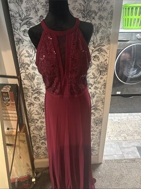 Night Way Collections Wine Red Halter Sequin Lace Prom Gown
